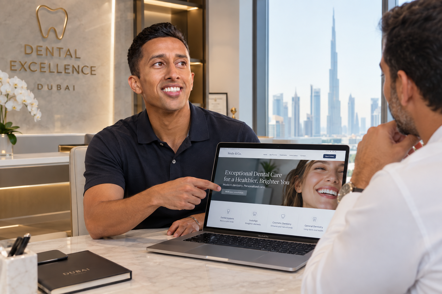 A Dental Focus consultant presenting a dental website to a dentist in a Dubai clinic overlooking the Burj Khalifa